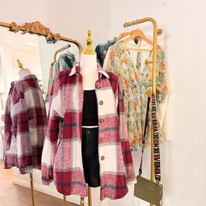 & Other Stories Red White Gray Plaid Shacket